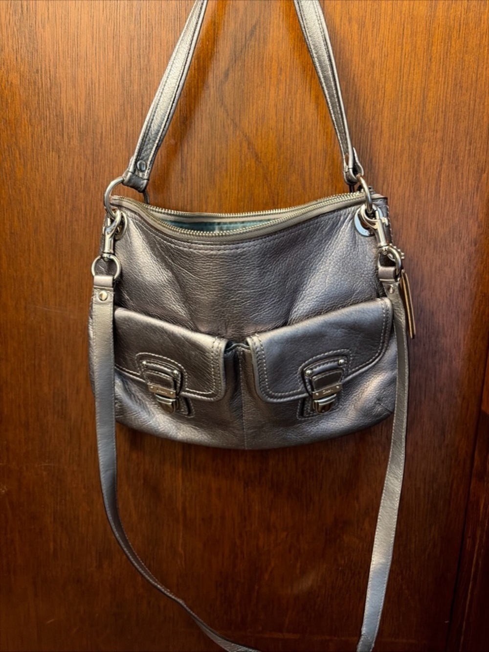 Coach Metallic Gray Leather Shoulder Bag with Front Pockets